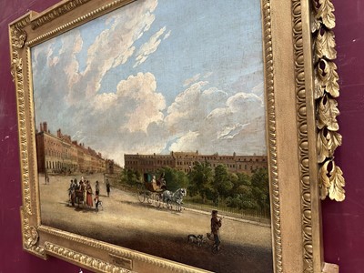 Lot 1301 - Edward Dayes (1763-1804) oil on canvas - Grosvenor Square, circa 1785, 71.5cm x 91.5cm, in fine 'Kent' frame.Provenance: property from Edward Curzon, 6th Earl Howe of Gopsall Park and