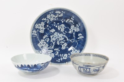 Lot 338 - Three pieces of Chinese porcelain, including a Ming bowl with calligraphy, an 18th century landscape bowl, and a 19th century prunus dish, 28cm diameter
