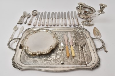 Lot 509 - Selection of silver plate, including large twin handled tray with scroll/floral decoration