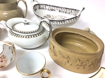 Lot 390 - Collection of 19th century Wedgwood, including two bone china London shape milk jugs, a pearlware ecuelle, cover and trembleuse stand, various plates, to teapot stands, two-handled basket, cream...