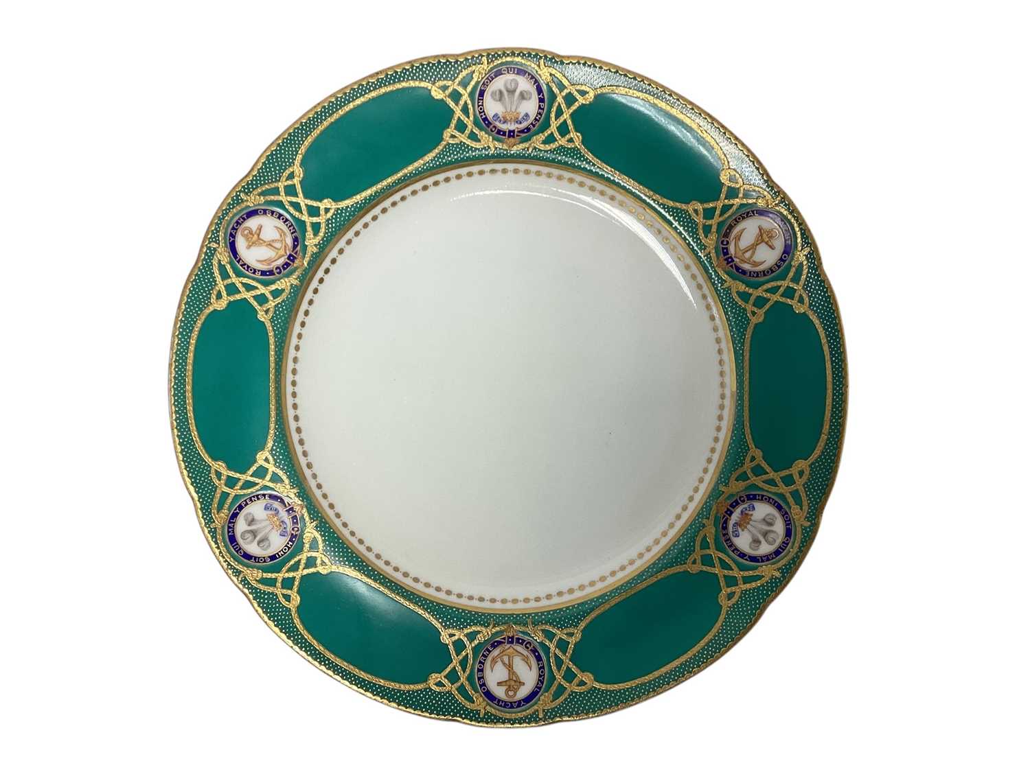 Lot 139 - H.R.H. Edward Prince of Wales (later King Edward VII), scarce Mintons dinner plate made for the Royal Yacht Osborne with painted crowned P.O.W. cyphers within garters and fouled anchor badges wit...