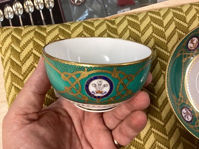 Lot 141 - H.R.H. Edward Prince of Wales, scarce Mintons China breakfast tea cup and saucer made for the Royal Yacht Osborne with painted crowned P.O.W.cyphers within garters and fouled anchor badges with g...
