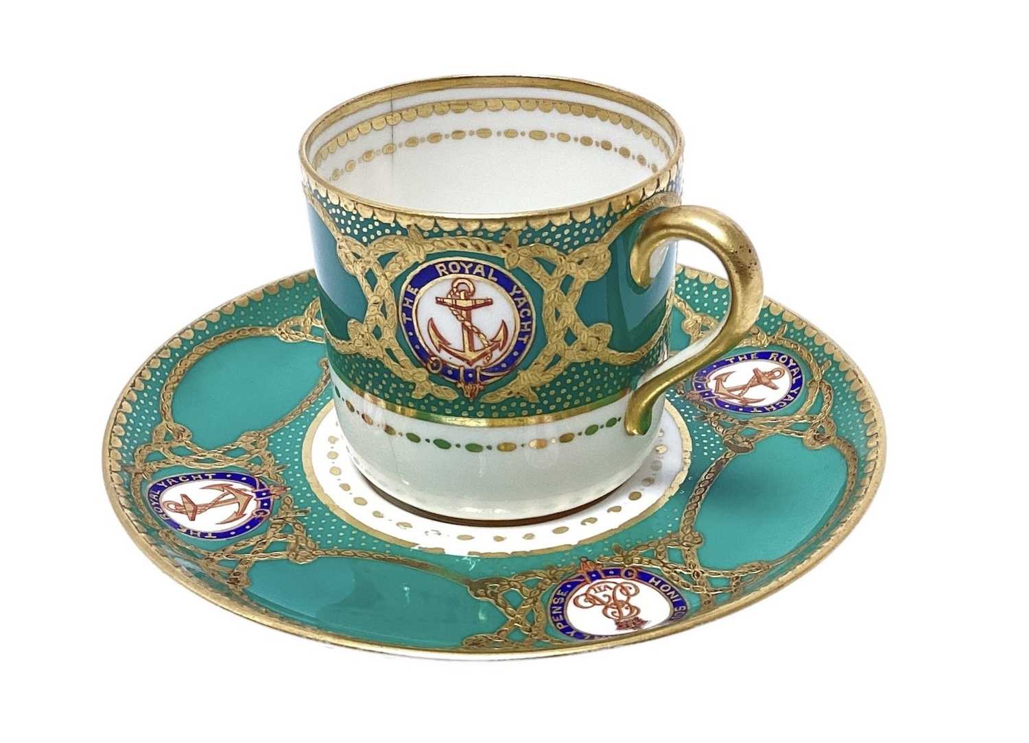 Lot 143 - H.M. King Edward VII, scarce Spode Copeland China coffee can and saucer made for the Royal Yacht Victoria & Albert with painted crowned crowned ERVII cyphers within garters and fouled anchor...