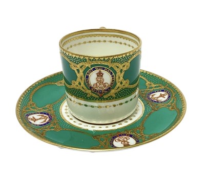 Lot 143 - H.M. King Edward VII, scarce Spode Copeland China coffee can and saucer made for the Royal Yacht Victoria & Albert with painted crowned crowned ERVII cyphers within garters and fouled anchor...