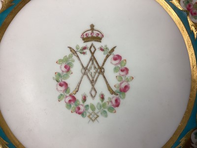 Lot 155 - H.M. Queen Victoria and H.R.H. Prince Albert The Prince Consort, fine Mintons Royal dinner plate with central crowned VA cypher within polychrome painted floral swags and wreaths on blue and gilt...