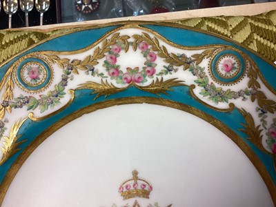 Lot 155 - H.M. Queen Victoria and H.R.H. Prince Albert The Prince Consort, fine Mintons Royal dinner plate with central crowned VA cypher within polychrome painted floral swags and wreaths on blue and gilt...