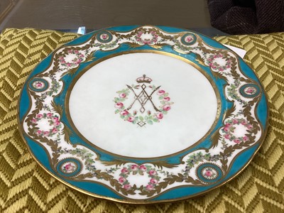 Lot 155 - H.M. Queen Victoria and H.R.H. Prince Albert The Prince Consort, fine Mintons Royal dinner plate with central crowned VA cypher within polychrome painted floral swags and wreaths on blue and gilt...