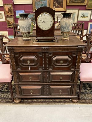 Lot 1541 - 17th century oak geometric chest, with three drawers on bun feet, 103cm wide x 53 cm deep x 106cm high