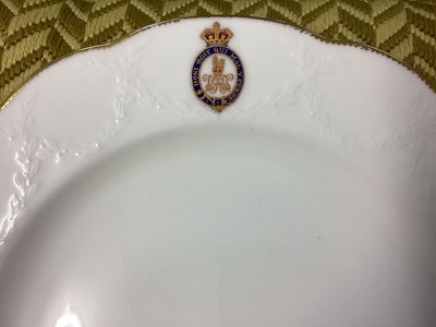 Lot 160 - H.M. Queen Victoria, Mintons Royal dinner service believed made for Windsor Castle with polychrome painted badges of state to the border and moulded swags and gilt edging, Mintons and T.Goode and...