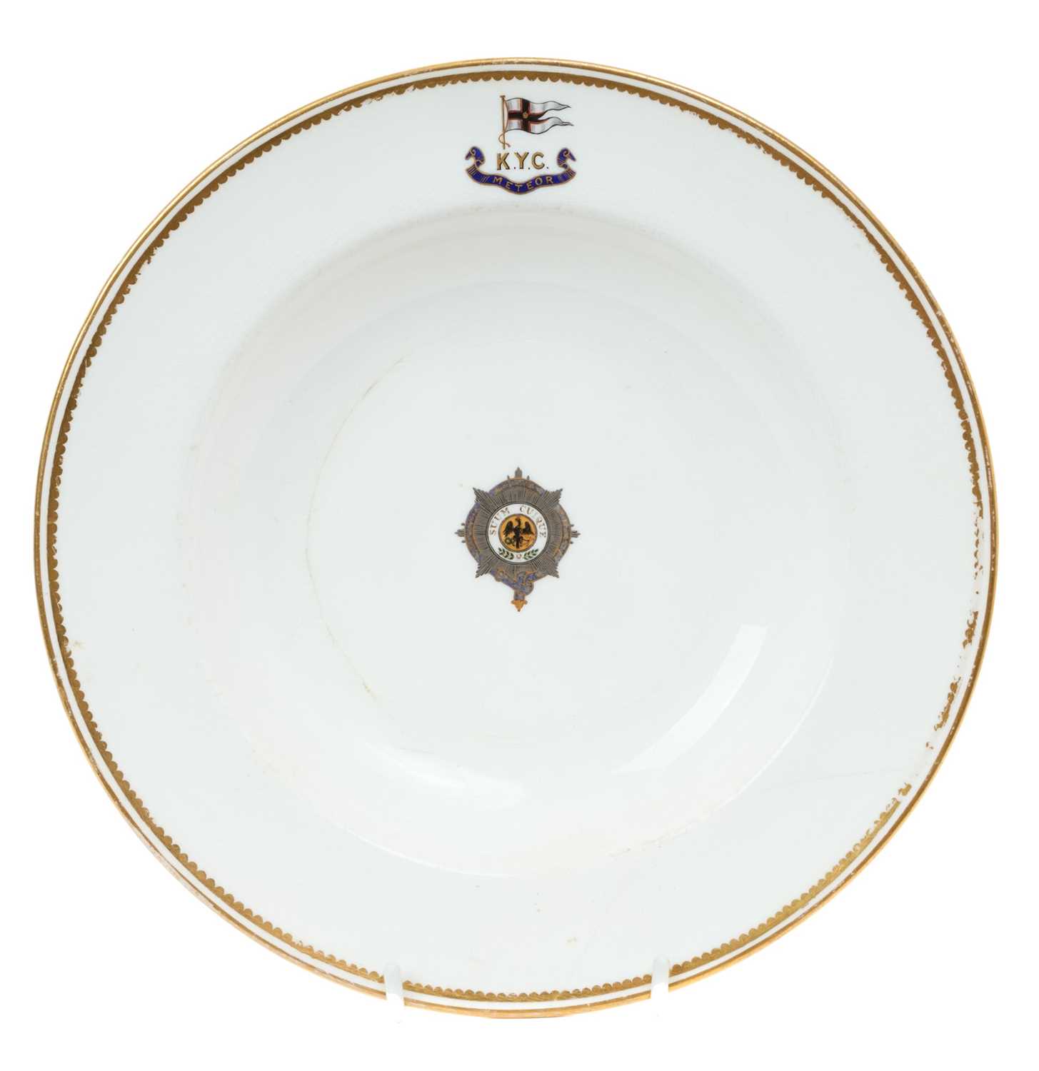 Lot 174 - H.I.M. Kaiser Wilhelm II, rare Mintons porcelain plate made for the Imperial Racing Yacht 'Meteor' finely painted with central star badge of the Imperial Order of the Black Eagle and Imperial Kie...