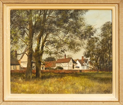 Lot 1102 - *Clive Madgwick (1939-2005) acrylic on canvas - Chelsworth, signed and dated 1976, 26cm x 31cm, framed