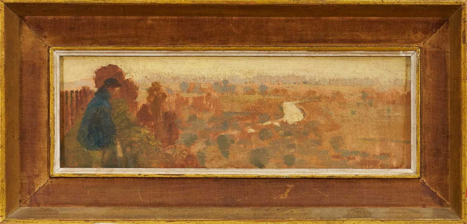 Lot 1143 - *Lionel Bulmer (1919-1992) oil on board - 'View near Arundel' signed and dated '58 verso, titled in ink, 10.5cm x 28.5cm, framed