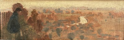 Lot 1143 - *Lionel Bulmer (1919-1992) oil on board - 'View near Arundel' signed and dated '58 verso, titled in ink, 10.5cm x 28.5cm, framed