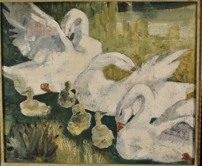 Lot 1397 - English School, mid 20th century, Swans and cygnets, apparently unsigned, 54cm x 64cm, framed