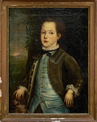Lot 1250 - English School, early 18th century, portrait of a young boy, known as Lord John Manners, with spaniel and Belvoir Castle to rear, 63cm x 48cm, in gilt frame