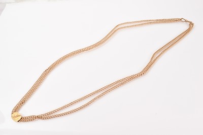 Lot 644 - Victorian-style guard chain with two strands of curb links and an oval gold slide, 83cm long