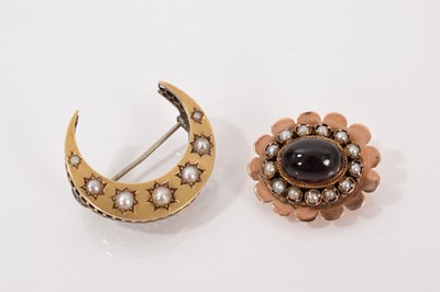 Lot 649 - Victorian crescent brooch with seven graduated seed pearls in star settings, together with a 9ct gold cabochon garnet and seed pearl cluster brooch (2)