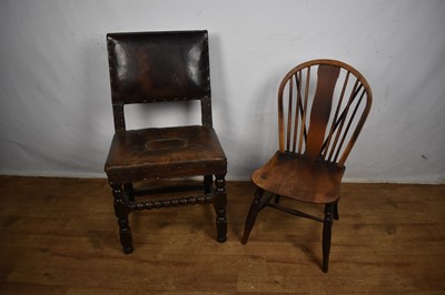 Lot 1536 - Carolean leather upholstered oak side chair, together with an ash and elm Windsor chair