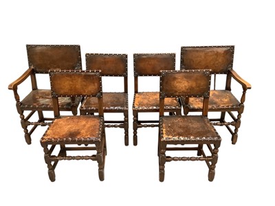 Lot 1734 - Set of six Cromwellian style oak and leather upholstered dining chairs