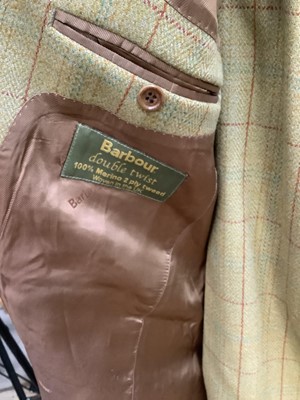 Lot 2122 - Men's Barbour jacket size 44, waistcoat size large and two pairs of breeks size 44 & 36 in Squires Tweed light brown