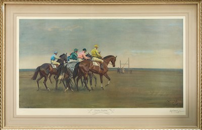 Lot 1224 - *Sir Alfred Munnings (1878-1959) signed print - October Meeting, published in 1957 by Frost & Reed, 44cm x 75cm, in glazed frame