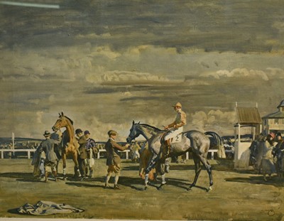 Lot 1225 - *Sir Alfred Munnings (1878-1959) coloured print - "After the Race", published in 1954 by Frost & Reed, 52cm x 64cm, in glazed frame