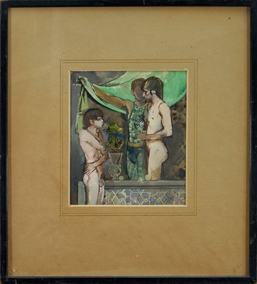 Lot 1390 - *Cornelius McCarthy (1935-2009) gouache - Rimbaud: ‘As master jugglers they transform the place and the characters’, 20cm x 17cm, in glazed frame
