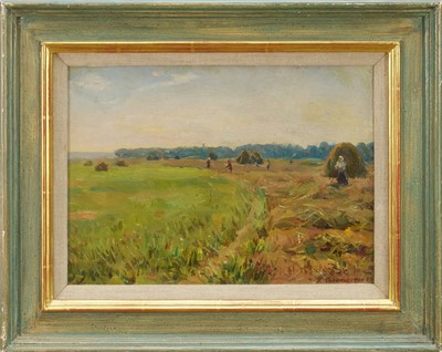 Lot 1387 - Gavriil Sorokolekov (b. 1913) oil on board - Harvest time, signed and dated 1954, 23.5cm x 32.5cm, in glazed frame