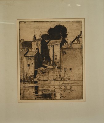 Lot 1392 - Frank Brangwyn (1867-1956) etching - Barnard Castle, c. 1905, signed with initials to plate, 37cm x 30cm, in glazed frame