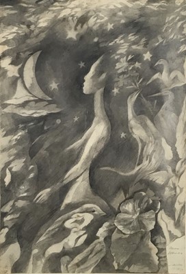 Lot 5 - Richard Drew, known as Zacron (British, 1943-2012) pencil, Moon Woman, signed and dated 1974, 38 x 25cm, glazed frame