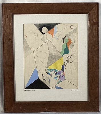 Lot 11 - Richard Inman (Richard Drew, known as Zacron (British, 1943-2012) mixed media 'Geophysical Entity', signed inscribed and dated 1972, 21 x 18cm, glazed frame