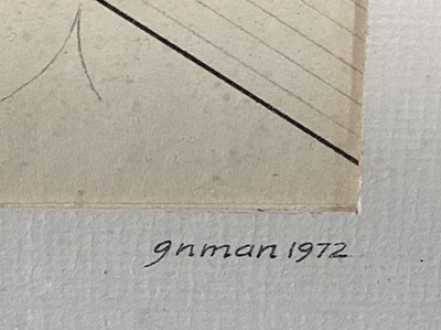Lot 11 - Richard Inman (Richard Drew, known as Zacron (British, 1943-2012) mixed media 'Geophysical Entity', signed inscribed and dated 1972, 21 x 18cm, glazed frame
