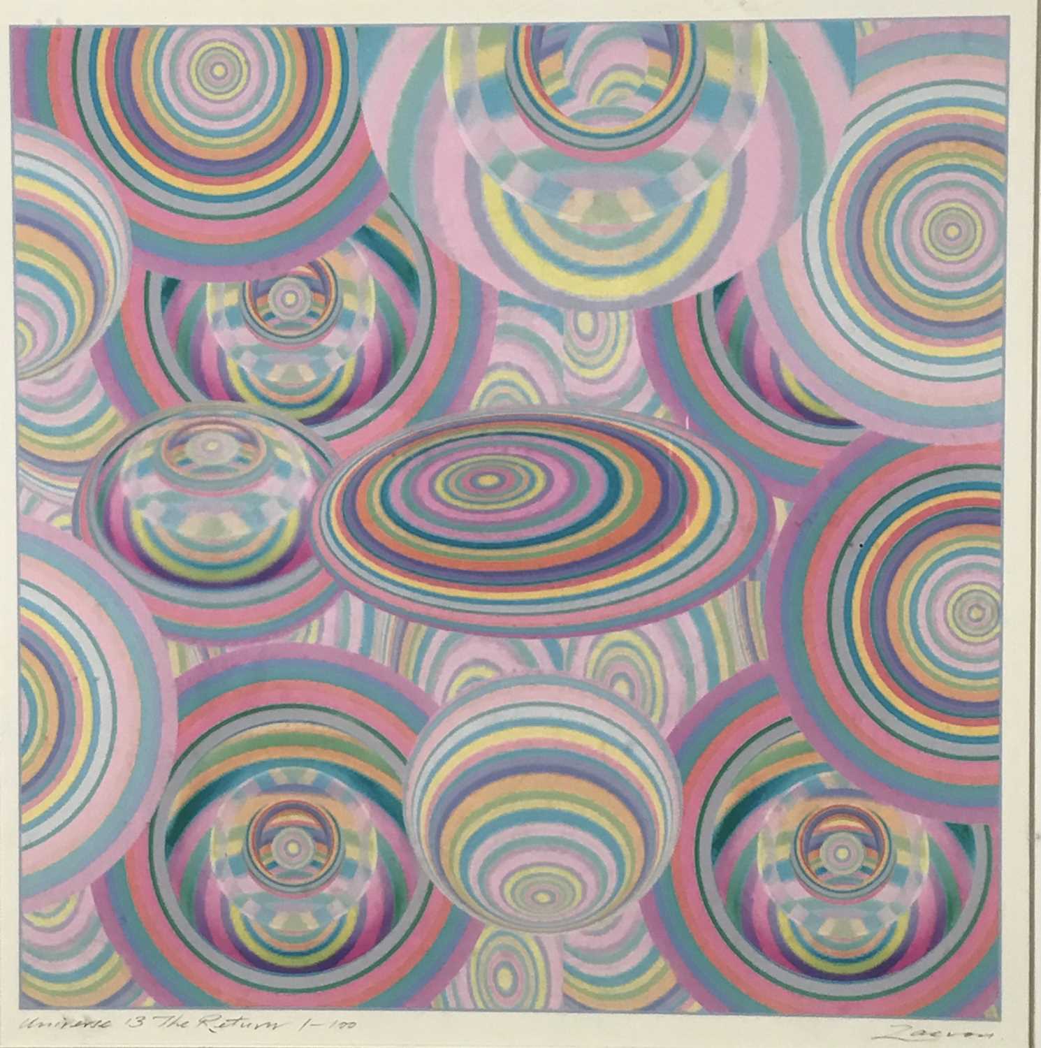 Lot 21 - Richard Drew, known as Zacron (British, 1943-2012) Archival print, Universe 13, the return, signed inscribed and numbered 1/100, I,age 25 x 25cm, glazed frame