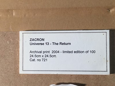 Lot 21 - Richard Drew, known as Zacron (British, 1943-2012) Archival print, Universe 13, the return, signed inscribed and numbered 1/100, I,age 25 x 25cm, glazed frame