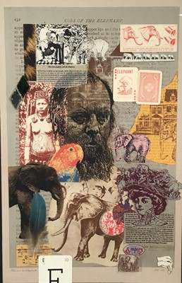 Lot 23 - Richard Drew, known as Zacron (British, 1943-2012) print with collage elements - Peter and the Elephants, 'facsimile of work in the collection of Peter Blake', signed, 48 x 31cm