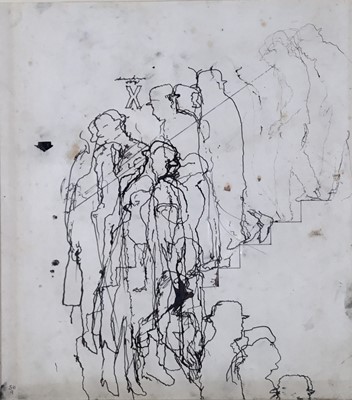 Lot 9 - Richard Drew, known as Zacron (British, 1943-2012) pen and ink - The London Underground descending, signed and inscribed to mount, 26 x 23cm, glazed frame