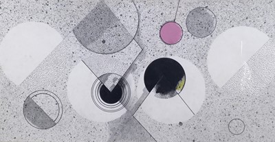 Lot 24 - Richard Drew, known as Zacron (British, 1943-2012) mixed media on board, Shadow Fields, 1972, signed and titled to mount, image 18 x 37cm, glazed frame