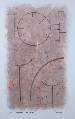 Lot 33 - Richard Drew, known as Zacron (British, 1943-2012) watercolour - Listening to the past, 2007, signed and titled and dated, image 38 x 20cm, glazed frame
