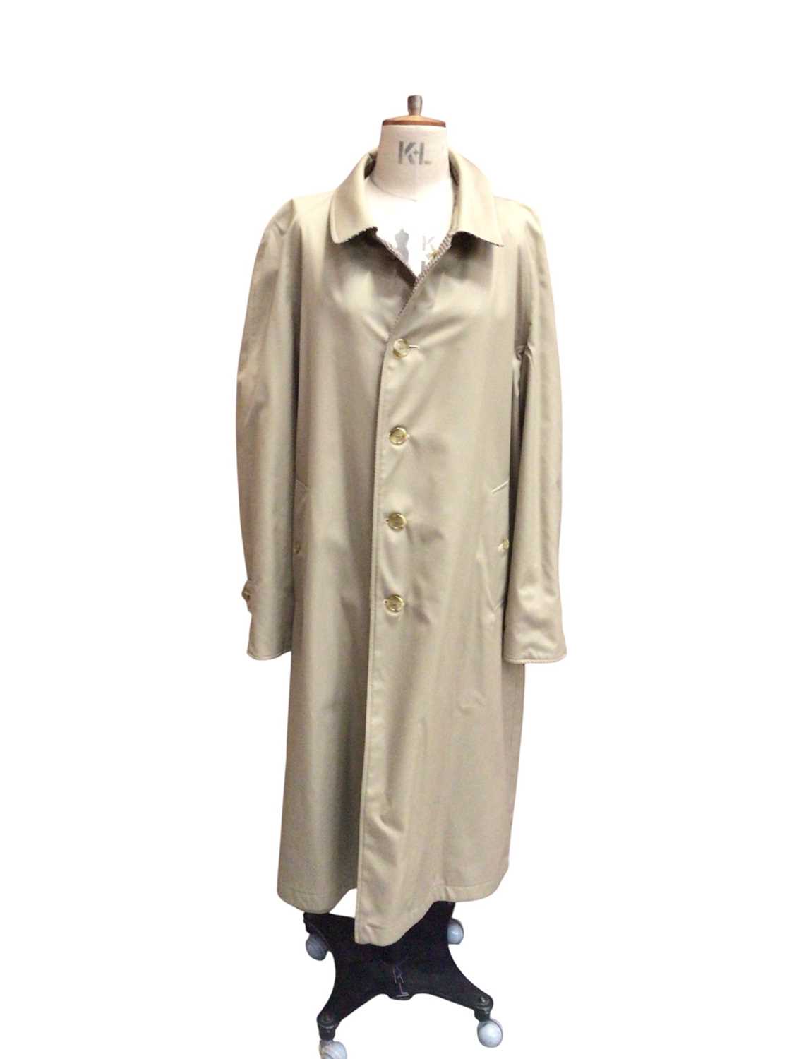 Lot 2148 - Burberrys' reversible trench coat, dog tooth tweed interior. Size 52 Long.