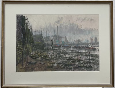 Lot 1191 - Ian Hay (1940-2025) pastel - Low Tide, Greenwich Reach, signed and dated '88, 37cm x 54cm, in glazed frame