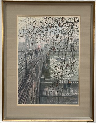 Lot 1189 - Ian Hay (1940-2025) pastel - Waterloo Bridge, signed and dated '89, 54cm x 37cm, in glazed frame