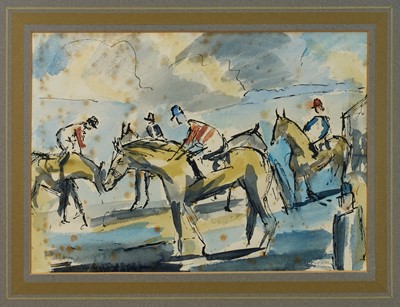 Lot 1184 - *Robert Sadler (1909-2001) pair of pen, ink and watercolours - Racing subjects, signed, 27cm x 38cm, in glazed frames