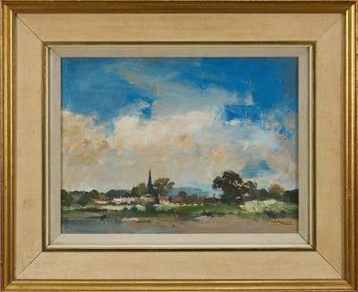 Lot 1098 - John Burman (b.1936) oil on board - Landscape at Holbrook, signed, 28cm x 38cm, in glazed gilt frame