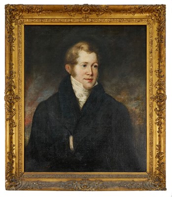 Lot 1283 - English School, early 19th century, oil on canvas - portrait of a Gentleman in black coat, 76cm x 63cm, in gilt frame
