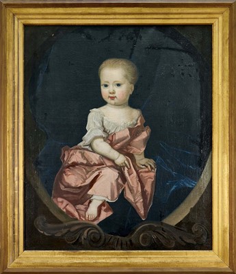 Lot 1253 - English School, early 18th century, oil on canvas - portrait of a child in pink silk, within a painted oval, 77cm x 63cm, in gilt frame