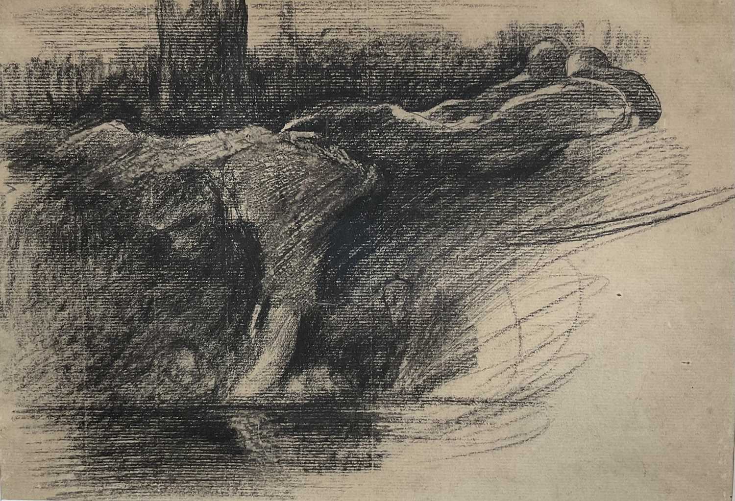 Lot 1097 - Harry Becker (1865-1928) charcoal sketch - Figure by a Pool, 20cm x 29cm, in glazed frame