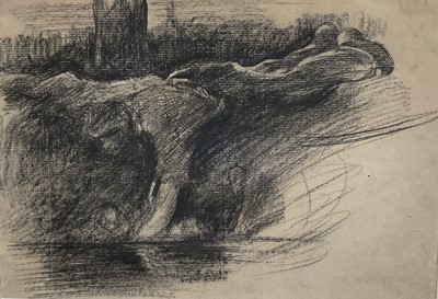 Lot 1097 - Harry Becker (1865-1928) charcoal sketch - Figure by a Pool, 20cm x 29cm, in glazed frame