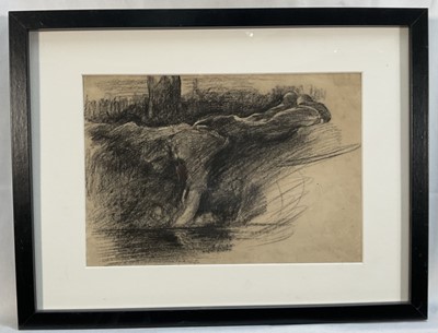 Lot 1097 - Harry Becker (1865-1928) charcoal sketch - Figure by a Pool, 20cm x 29cm, in glazed frame
