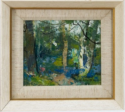 Lot 1371 - *George Hammond Steel (1900-1960) oil on board - Bluebells, Dedham Woods, signed, 13cm x 16cm, framed