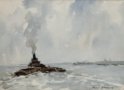 Lot 1061 - *Edward Wesson (1910-1983) watercolour - A Tug off the Coast, signed, 25cm x 35cm, in glazed frame